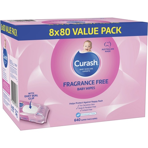 Curash Baby Wipes Fragrance Free [8x 80 Value Pack]