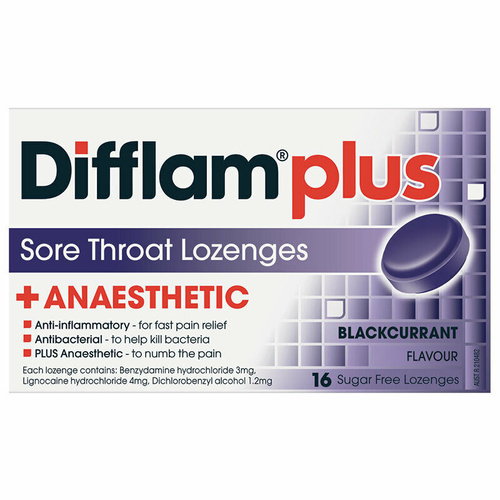 Difflam Plus Sore Throat Lozenges Blackcurrant 16 Lozenges