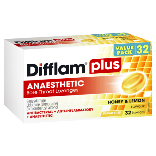 Difflam Plus Anaesthetic Sore Throat Lozenges Honey & Lemon 32 pack (S2)