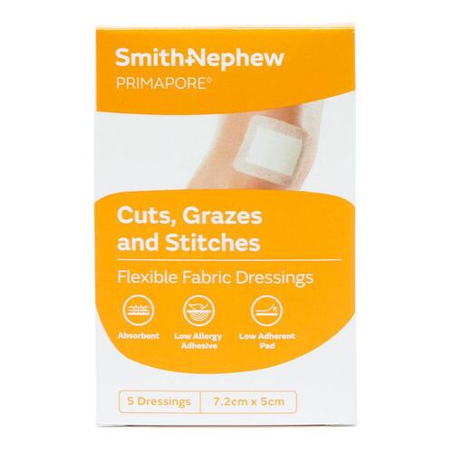 Primapore Flexible Fabric Dressing 7.2cm x 5cm 5 Pack