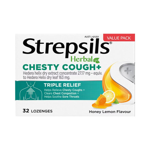 Strepsils Herbal Chesty Cough Plus Honey Lemon Lozenges 32 Pack