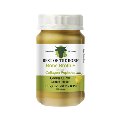 Best of The Bone Bone Broth Beef Concentrate + Collagen Peptides Green Curry Lemon Pepper 390g